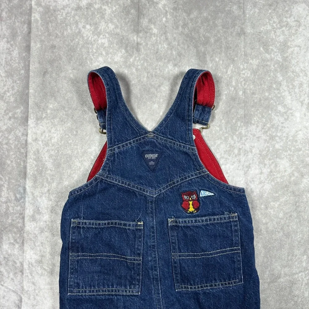 Vintage OshKosh Bgosh Kids 18M Blue Denim Red Lined Football Owl Overalls 90s